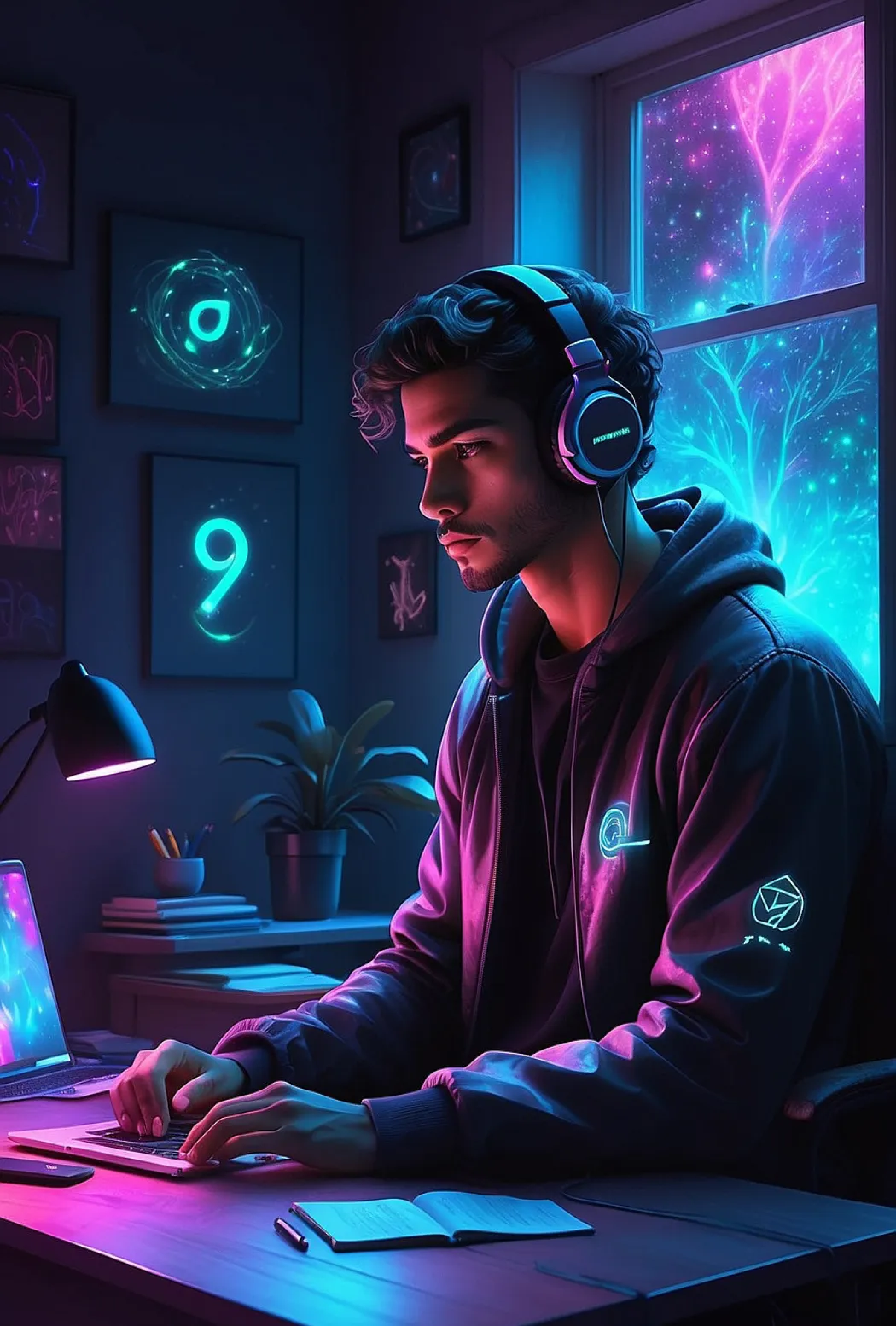 Man With Headphones Working On A Laptop