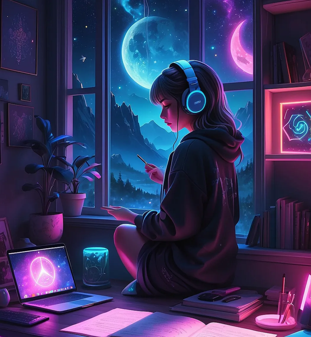 Woman With Headphones Working On A Laptop