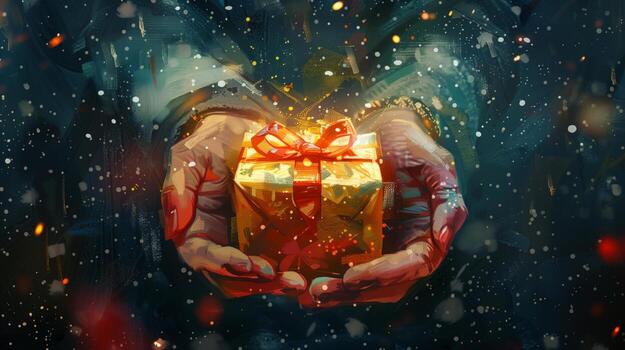 Ai Generated Beautiful Painting Style Illustration Of Gift Box Wrapped And Decorated With Red Ribbon With Light And Stars Photo
